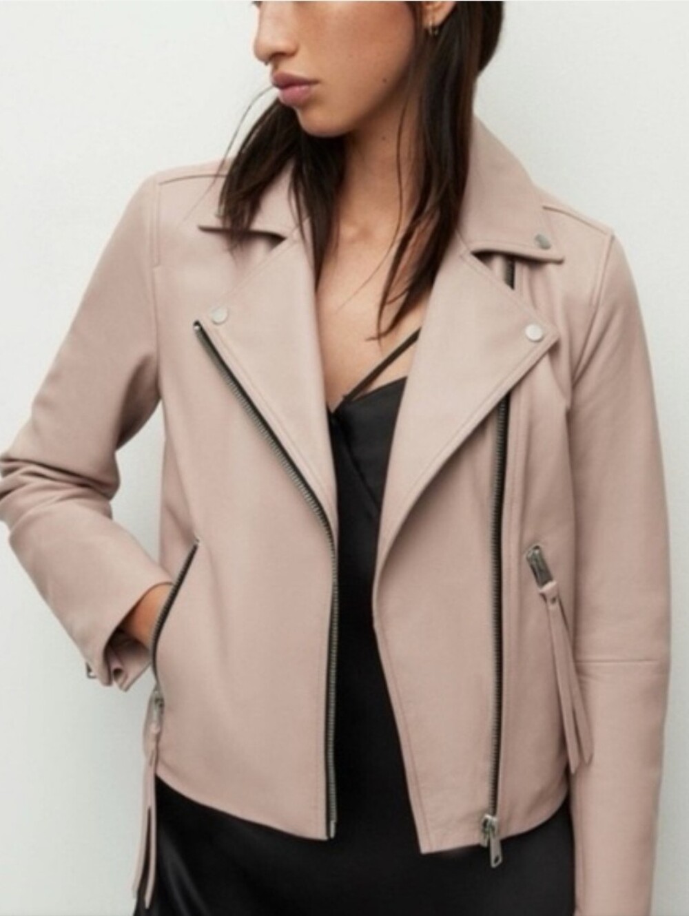 Allsaints Dalby? Pale Pink White Leather Jacket 8